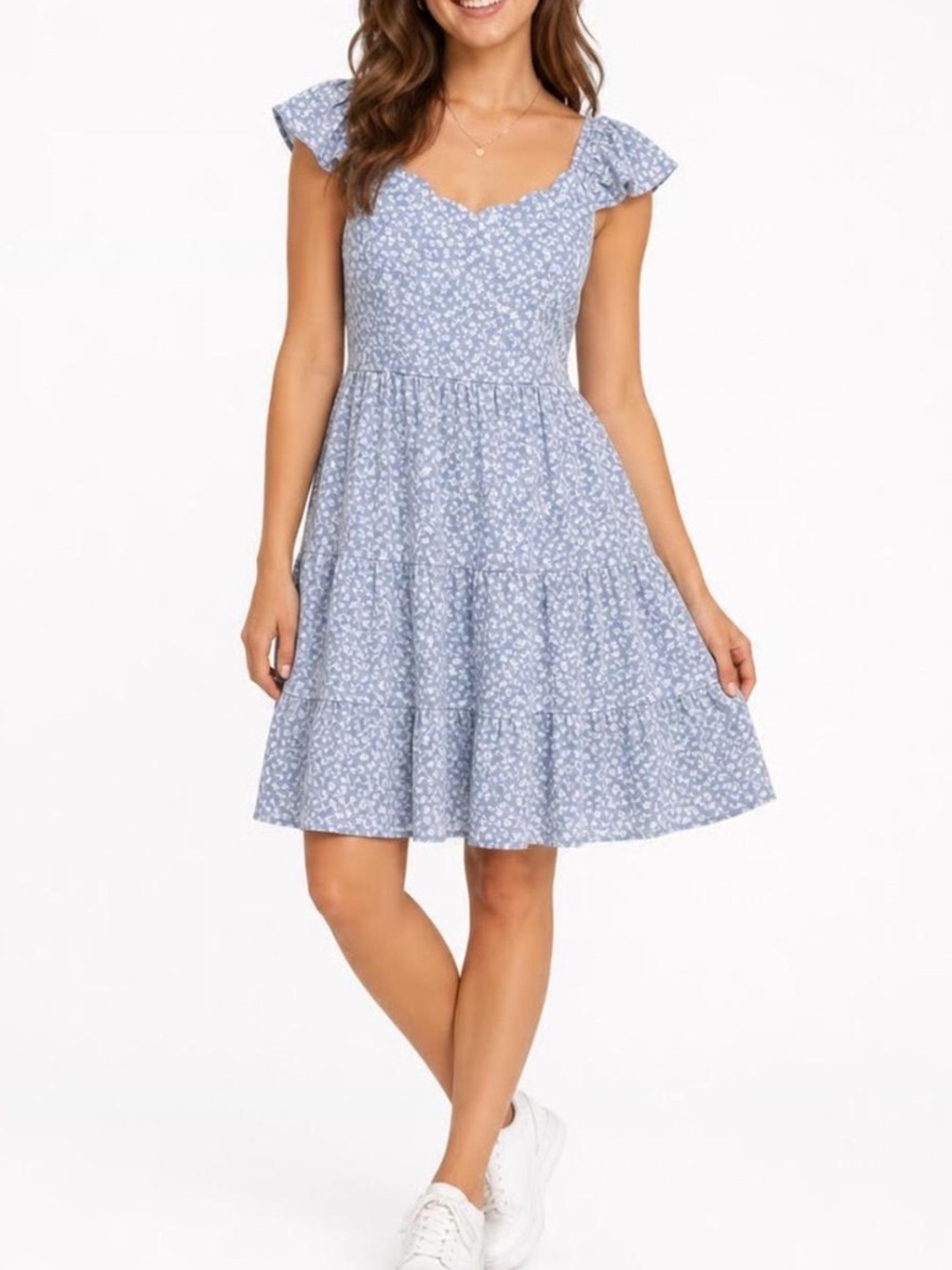 Monteau Grey Floral Ruffle-Strap Tiered Dress